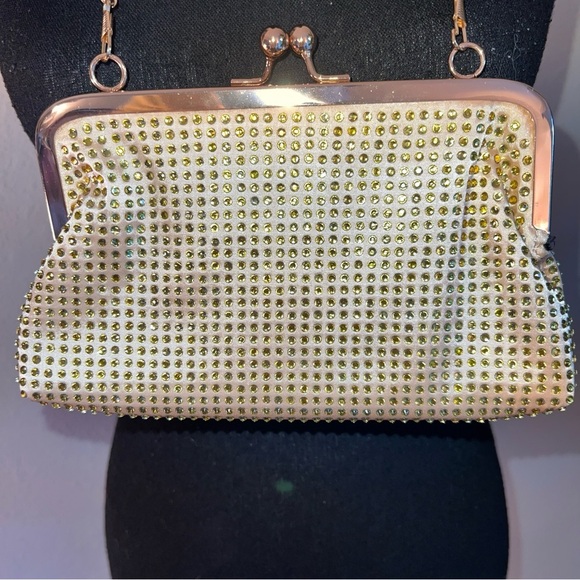 Gold Rhinestone Kiss Closure Bag Purse Shoulder Evening Bag Gold Tone Hardware - Picture 7 of 16